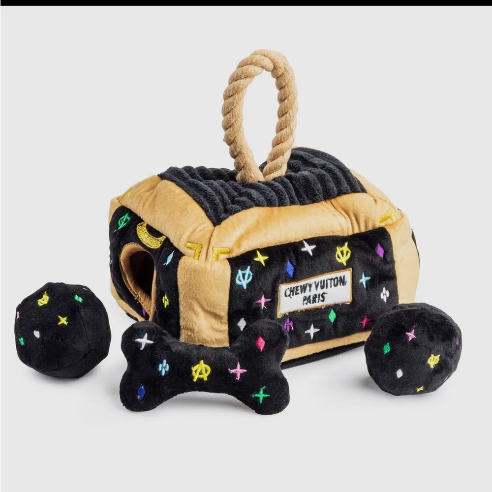 Black monogram trunk dog toy